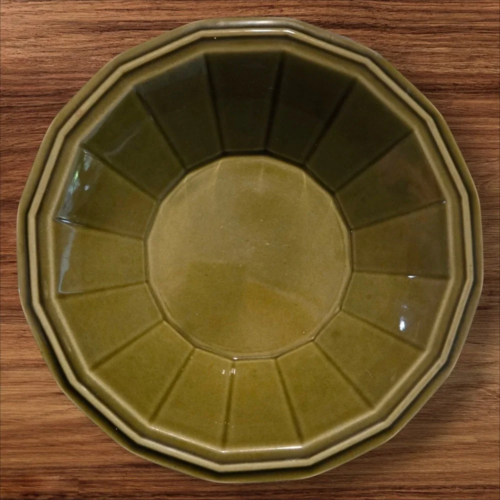 Vintage Olive Green Octagon Ribbed Stoneware‎ Serving Bowl 9